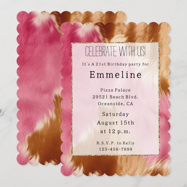 Western Pink Cream Brown Gold Cowgirl Cowhide Invitation (Front/Back)