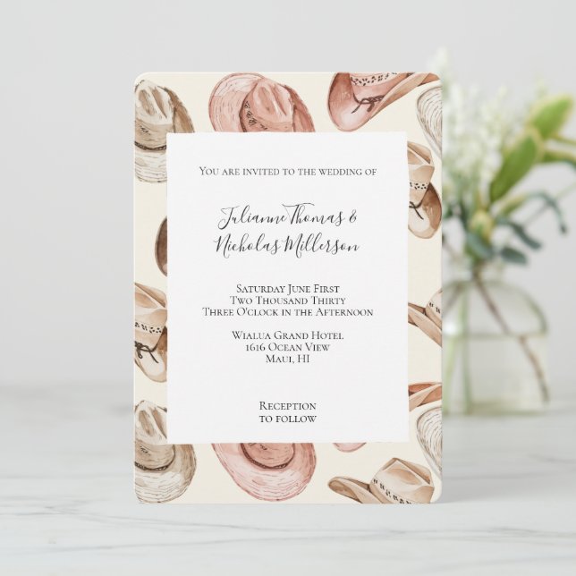 Western Pink Cream Cowgirl Cowboy Hats Wedding Invitation (Standing Front)