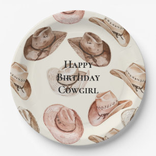 Western Pink Cream Cowgirl Hats Birthday Paper Plates