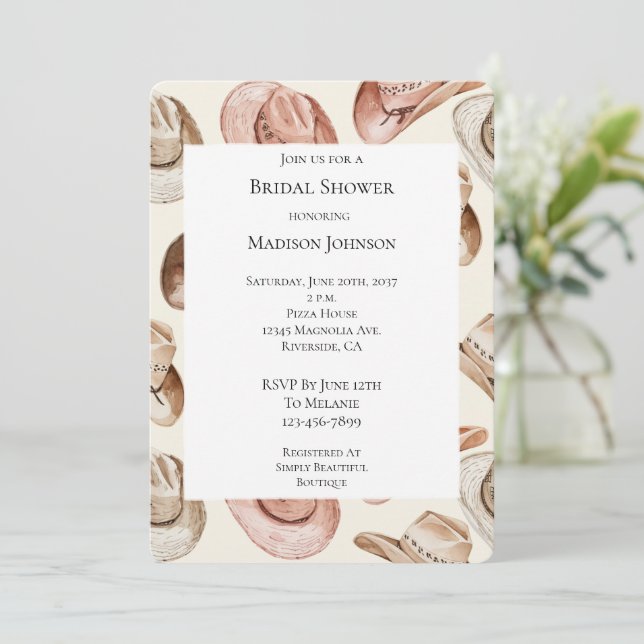 Western Pink Cream Cowgirl Hats Bridal Shower Invitation (Standing Front)
