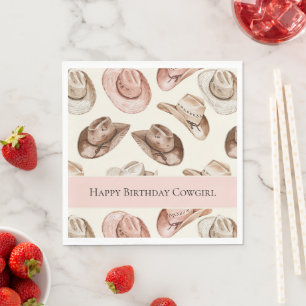 Western Pink Cream Cowgirl Hats Happy Birthday Napkins