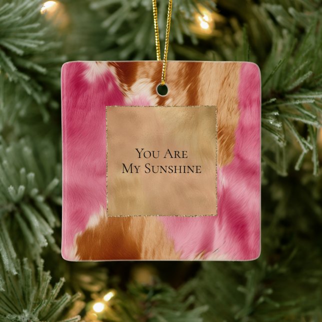 Western Pink Cream Gold Brown Cowgirl Cowhide Ceramic Ornament (Tree)