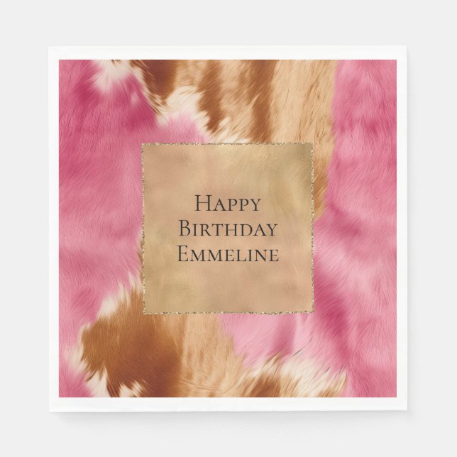 Western Pink Cream Gold Brown Cowgirl Cowhide Napkins (Front)