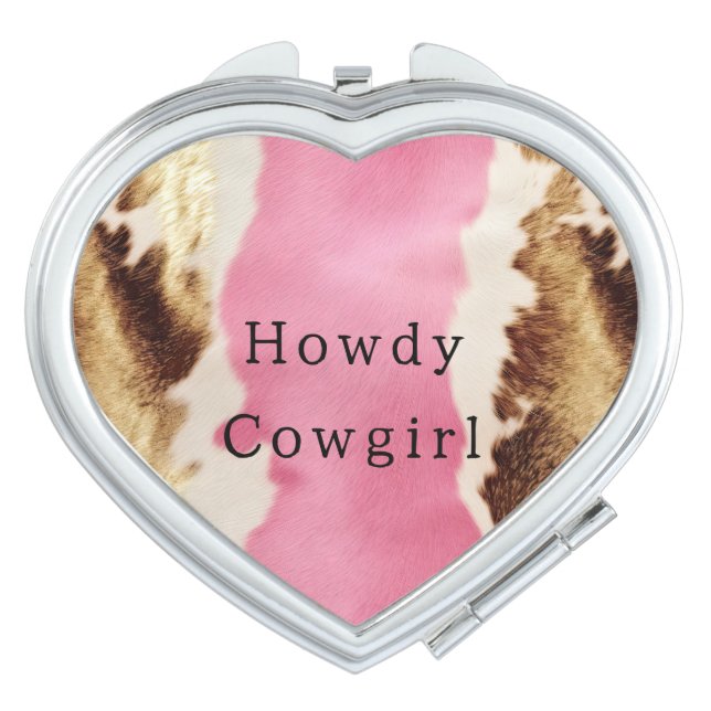 Western Pink Cream Gold Cowgirl Cowhide Compact Mirror (Front)