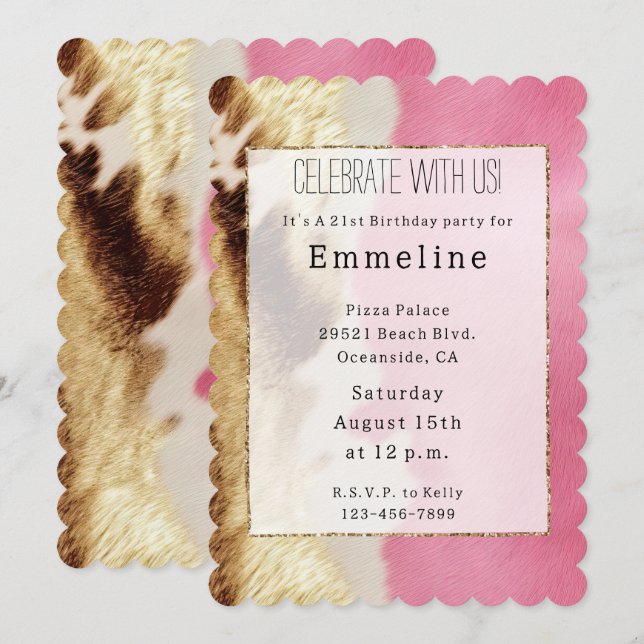 Western Pink Cream Gold Cowgirl Cowhide Invitation (Front/Back)