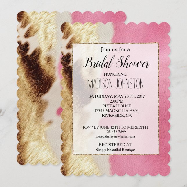 Western Pink Cream Gold Cowgirl Cowhide Invitation (Front/Back)