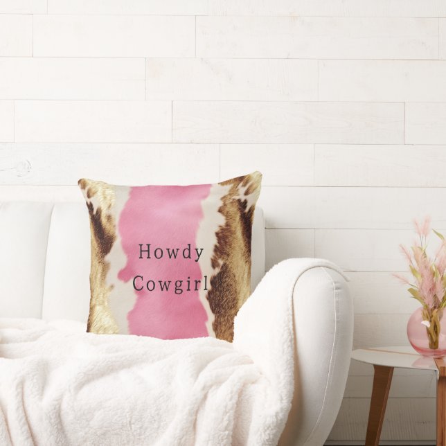 Western Pink Cream Gold Cowgirl Cowhide Throw Pillow (Couch)