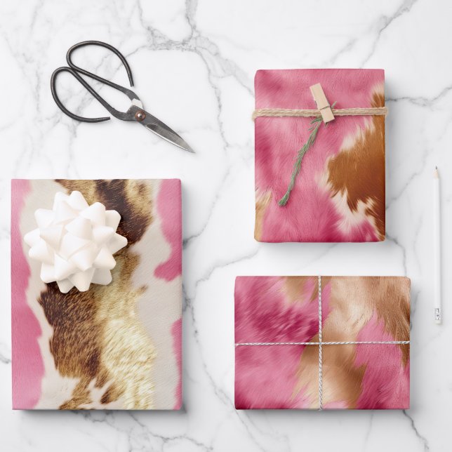 Western Pink Cream Gold Cowgirl Cowhide Wrapping Paper Sheets (Front)