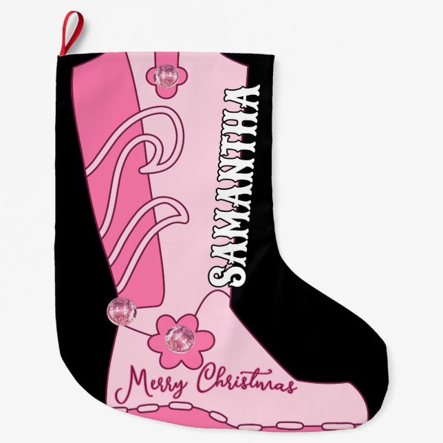 Western Pink Disco Costal Cowgirl Boot Custom Name Large Christmas Stocking (Front)