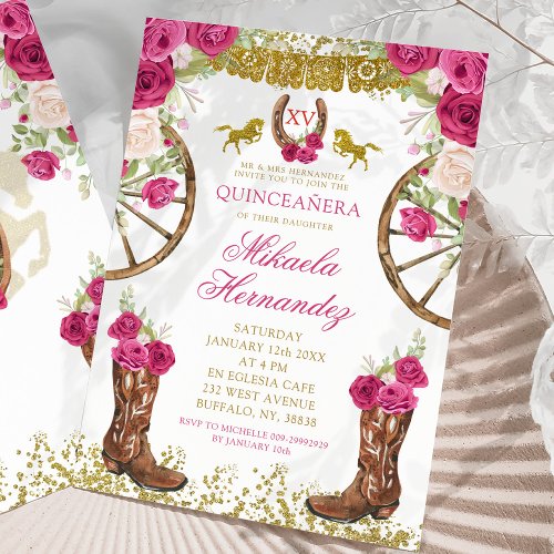 Western Pink Fuchsia Floral Boots Quinceaera Invitation