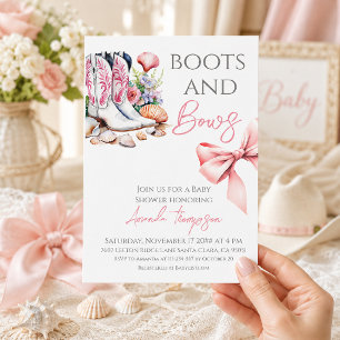 Western Pink Girl Boots and Bows Baby Shower Invitation