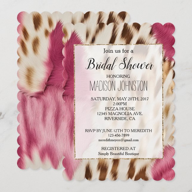 Western Pink Glam Gold Cowgirl Cowhide Invitation (Front/Back)