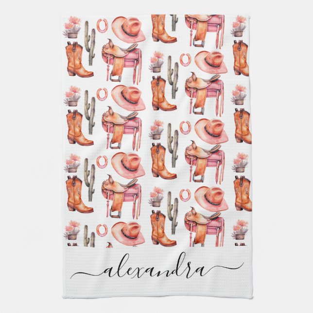 Western pink orange cowgirl script name kitchen towel (Vertical)