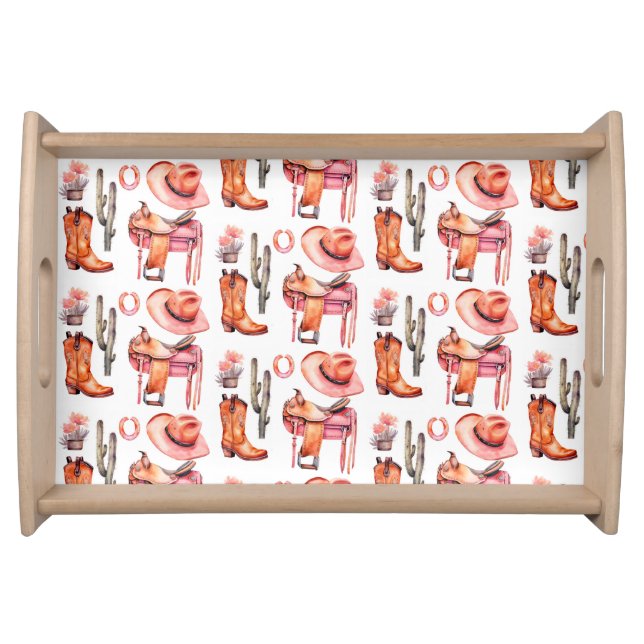 Western pink orange cowgirl serving tray (Front)