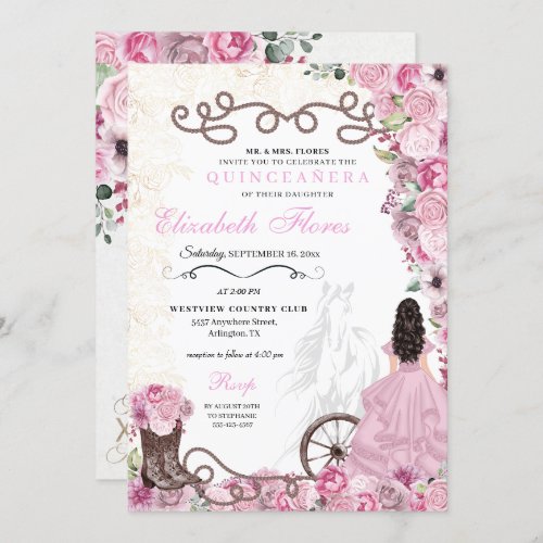 Western Pink Princess Floral Charra Quinceaera Invitation