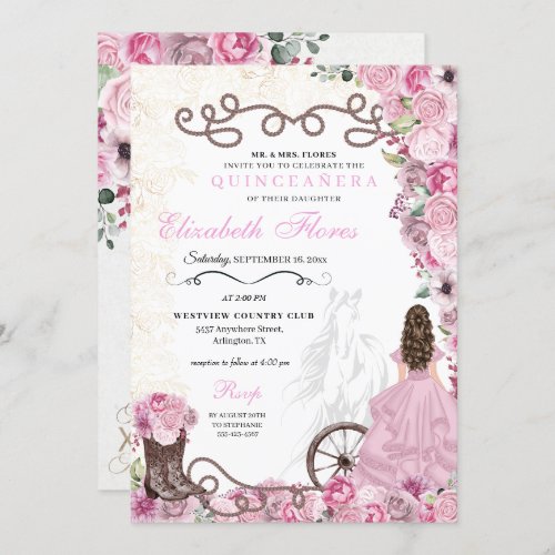 Western Pink Princess Floral Charra Quinceaera Invitation