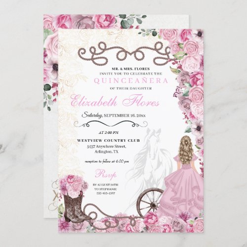 Western Pink Princess Floral Charra Quinceaera Invitation