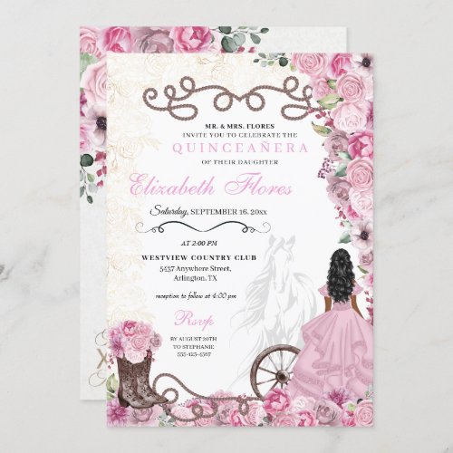 Western Pink Princess Floral Charra Quinceaera Invitation