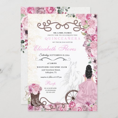 Western Pink Princess Floral Charra Quinceaera Invitation