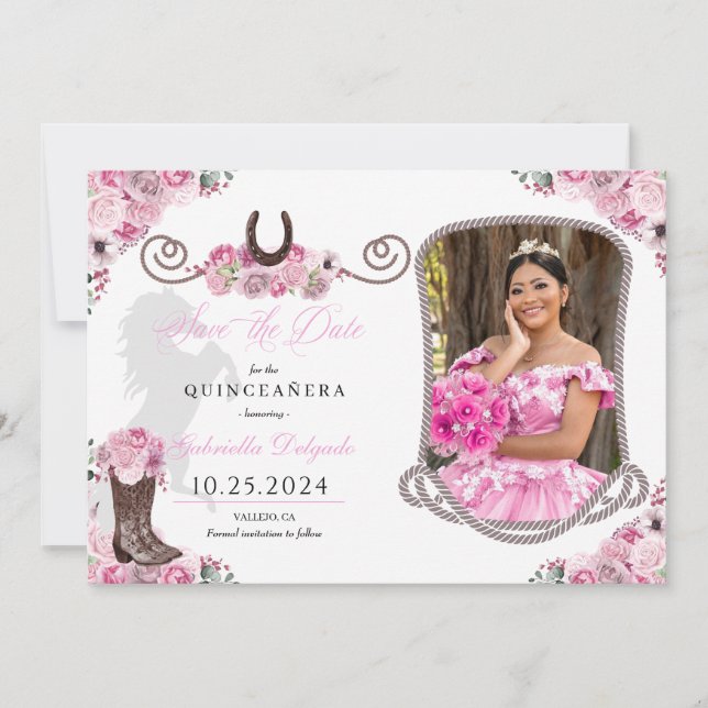 Western Pink Quinceañera Save The Date Photo Invitation (Front)