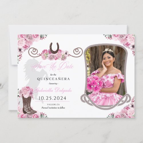 Western Pink Quinceaera Save The Date Photo Invitation