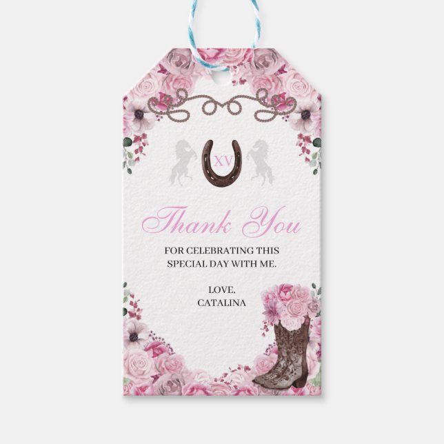 Western Pink Ranchero Quinceanera Gift Tags (Front)