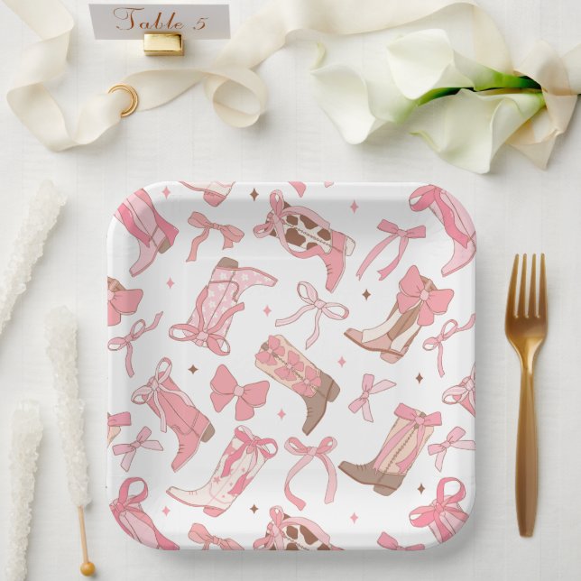 Western Pink Rodeo Boots with Bows Bridal Shower Paper Plates (Wedding)