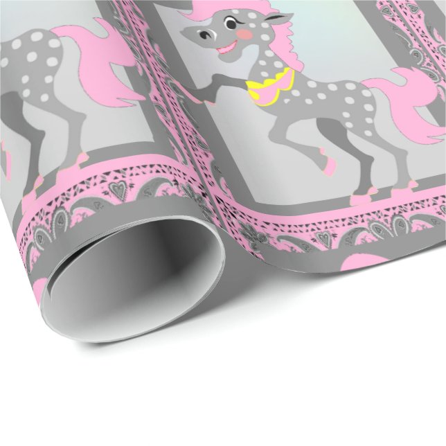 Western Polka Dot Cartoon Horse Pink Bandana Wrapping Paper (Roll Corner)