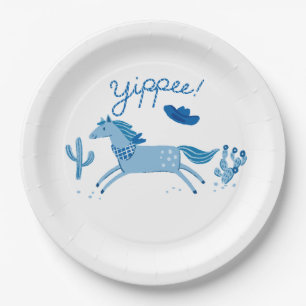 Western Pony Birthday Invitation Blue Paper Plates