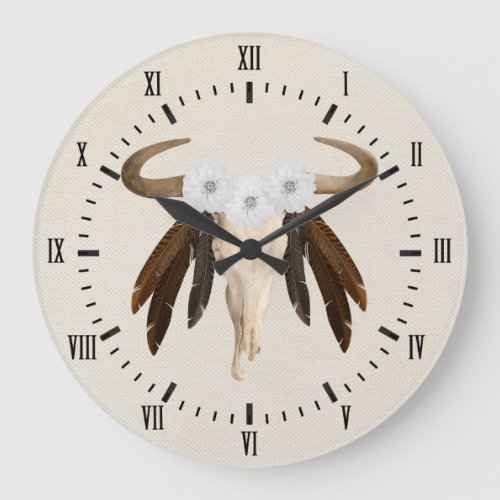 Western Prairie Floral Cow Skull Roman Numerals Large Clock