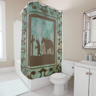 A Western shower curtain with praying cowboy and horse