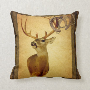 Western Primitive barn wood buck white tail deer Throw Pillow