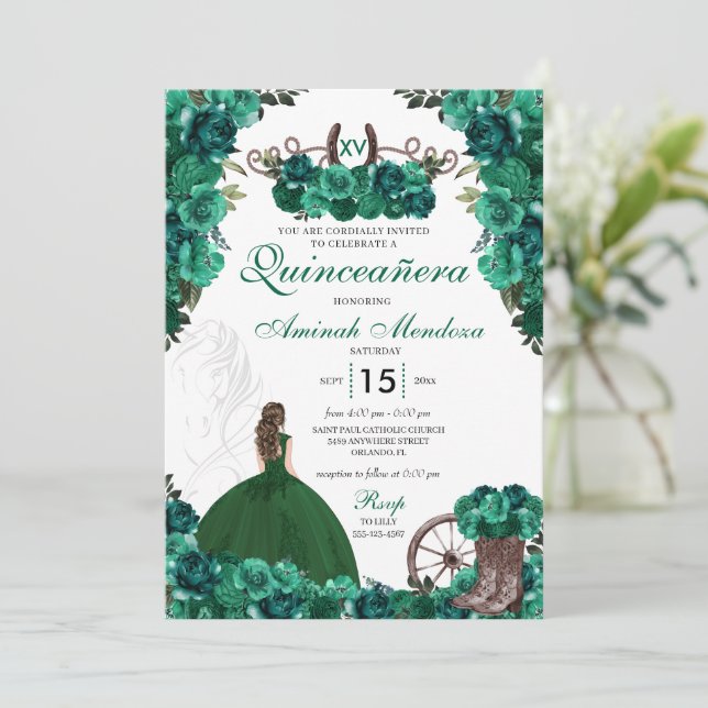 Western Princess Green Dress Charra Quinceañera Invitation (Standing Front)