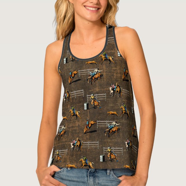 Western Print Top With Rodeo Events Brown (Front)
