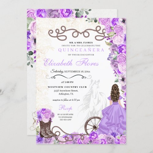 Western Purple Princess Floral Charra Quinceaera Invitation