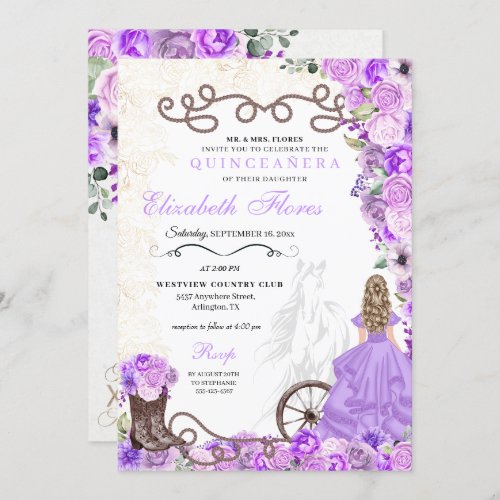 Western Purple Princess Floral Charra Quinceaera Invitation