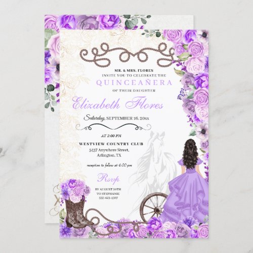 Western Purple Princess Floral Charra Quinceaera Invitation