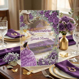 Western Purple Roses Golden Country Quinceañera Acrylic Invitations