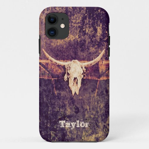 Western Purple Tan Grunge Cowboy Bull Skull iPhone 11 Case