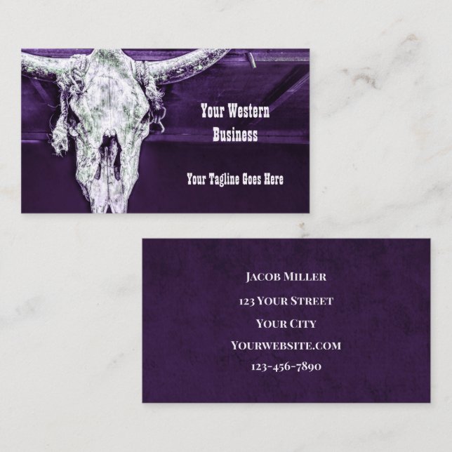 Western Purple White Rustic Bull Cow Skull Barn Business Card (Front/Back)
