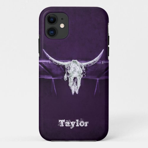 Western Purple White Rustic Bull Cow Skull iPhone 11 Case