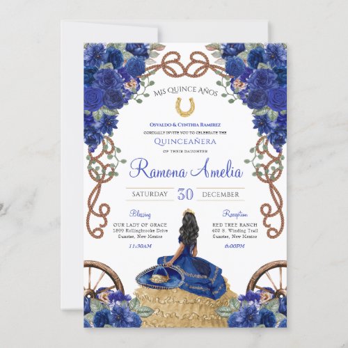 Western Quinceaera Blue Floral Charro Invitation