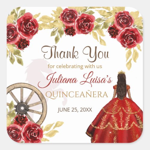 Western Quinceaera Floral Red Gold Charra Crown Square Sticker