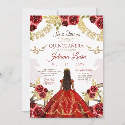 Western Quinceaera Floral Red Gold Charra Horses Invitation