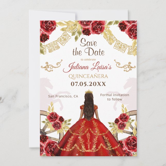 Western Quinceañera Floral Red Gold Charra Horses Save The Date (Front)