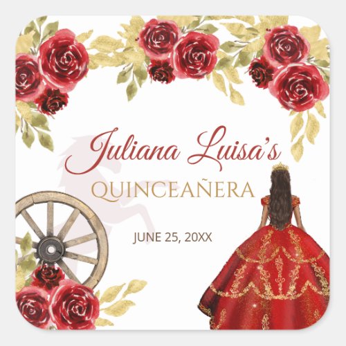 Western Quinceaera Red Gold Charra Crown Horses Square Sticker