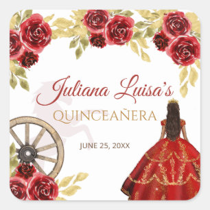 Western Quinceañera Red Gold Charra Crown Horses Square Sticker