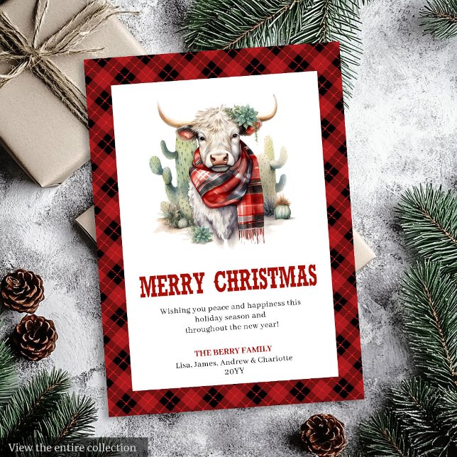Western Ranch Cow Red Plaid Buffalo Holiday Card (Western Ranch Plaid Buffalo Holiday Card)
