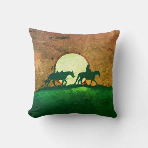 Western Ranch Cowboy and Horses at Sunset Design Throw Pillow