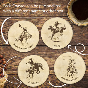 Western Ranch Cowboys Rodeo Custom Name Coaster Set